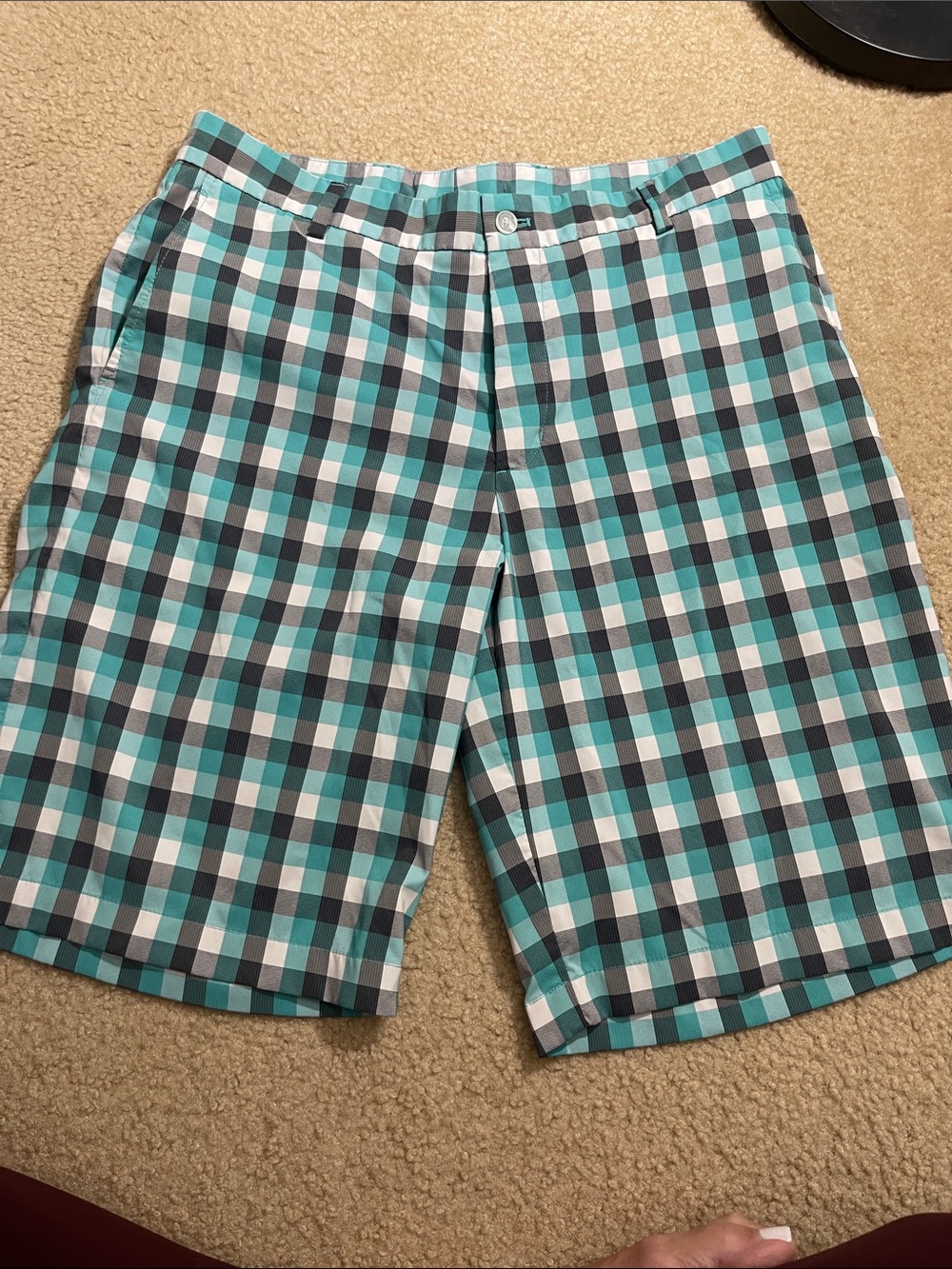 Slazenger Teal, Gray and White Plaid Flat-Front Shorts
